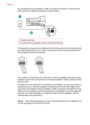 Page 174be connected to the port labeled 1-LINE on the back of the HP All-in-One and the
other end to your telephone wall jack, as shown below.
1Telephone wall jack
2Use the phone cord supplied in the box with the HP All-in-One
This special 2-wire phone cord is different from the more common 4-wire phone cords
you might already have in your office. Check the end of the cord and compare it to
the two types of cords shown below.
If you used a 4-wire phone cord, disconnect it, find the supplied 2-wire phone cord,...