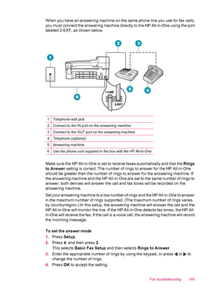 Page 197When you have an answering machine on the same phone line you use for fax calls,
you must connect the answering machine directly to the HP All-in-One using the port
labeled 2-EXT, as shown below.
1Telephone wall jack
2Connect to the IN port on the answering machine
3Connect to the OUT port on the answering machine
4Telephone (optional)
5Answering machine
6Use the phone cord supplied in the box with the HP All-in-One
Make sure the HP All-in-One is set to receive faxes automatically and that the Rings
to...