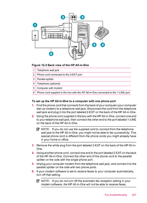 Page 209Figure 12-2 Back view of the HP All-in-One
1Telephone wall jack
2Phone cord connected to the 2-EXT port
3Parallel splitter
4Telephone (optional)
5Computer with modem
6Phone cord supplied in the box with the HP All-in-One connected to the 1-LINE port
To set up the HP All-in-One to a computer with one phone port
1.Find the phone cord that connects from the back of your computer (your computer
dial-up modem) to a telephone wall jack. Disconnect the cord from the telephone
wall jack and plug it into the port...