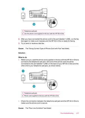 Page 2191Telephone wall jack
2Use the phone cord supplied in the box with the HP All-in-One
2.After you have connected the phone cord to the port labeled 1-LINE, run the fax
test again to make sure it passes and the HP All-in-One is ready for faxing.
3.Try to send or receive a test fax.
Cause:The Using Correct Type of Phone Cord with Fax test failed.
Solution:
What to do
•Make sure you used the phone cord supplied in the box with the HP All-in-One to
connect to the telephone wall jack. One end of the phone cord...