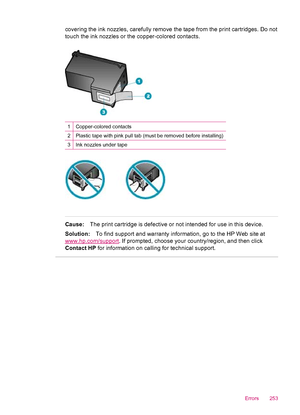 Page 255covering the ink nozzles, carefully remove the tape from the print cartridges. Do not
touch the ink nozzles or the copper-colored contacts.
1Copper-colored contacts
2Plastic tape with pink pull tab (must be removed before installing)
3Ink nozzles under tape
Cause:The print cartridge is defective or not intended for use in this device.
Solution:To find support and warranty information, go to the HP Web site at
www.hp.com/support. If prompted, choose your country/region, and then click
Contact HP for...