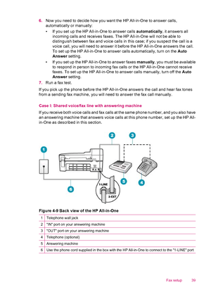 Page 416.Now you need to decide how you want the HP All-in-One to answer calls,
automatically or manually:
• If you set up the HP All-in-One to answer calls automatically, it answers all
incoming calls and receives faxes. The HP All-in-One will not be able to
distinguish between fax and voice calls in this case; if you suspect the call is a
voice call, you will need to answer it before the HP All-in-One answers the call.
To set up the HP All-in-One to answer calls automatically, turn on the Auto
Answer...