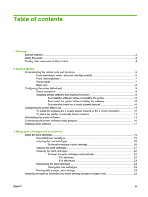 Page 5Table of contents
1  Welcome
Special features ..................................................................................................................................... 2
Using this guide ..................................................................................................................................... 3
Finding other resources for the product ................................................................................................ 4
2  Getting started
Understanding...