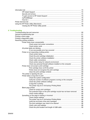 Page 7Information tab ..................................................................................................................................... 74
HP Instant Support .............................................................................................................. 74
Security and privacy ............................................................................................................ 74
To gain access to HP Instant Support...