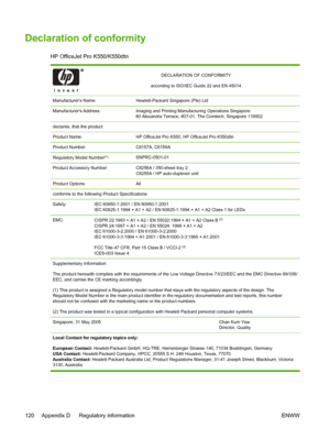 Page 128Declaration of conformity
HP OfficeJet Pro K550/K550dtn
DECLARATION OF CONFORMITY
according to ISO/IEC Guide 22 and EN 45014
Manufacturers Name:Hewlett-Packard Singapore (Pte) Ltd
Manufacturers Address:Imaging and Printing Manufacturing Operations Singapore 
60 Alexandra Terrace, #07-01, The Comtech, Singapore 118502
declares, that the product
Product Name:
HP OfficeJet Pro K550, HP OfficeJet Pro K550dtn
Product Number:C8157A, C8158A
Regulatory Model Number(1):SNPRC-0501-01
Product Accessory...