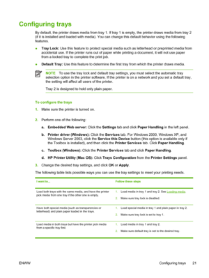 Page 29Configuring trays
By default, the printer draws media from tray 1. If tray 1 is empty, the printer draws media from tray 2
(if it is installed and loaded with media). You can change this default behavior using the following
features.
●Tray Lock: Use this feature to protect special media such as letterhead or preprinted media from
accidental use. If the printer runs out of paper while printing a document, it will not use paper
from a locked tray to complete the print job.
●Default Tray: Use this feature...