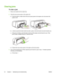 Page 62Clearing jams
To clear a jam
1.Remove all media from the output tray.
2.Check the rear access panel or the duplex unit.
a.Push the button on either side of the rear access panel or the duplex unit, and remove the
panel or unit.
b.Locate any jammed media inside the printer, grasp it with both hands and pull it towards you.
c.If the jam is not there, push the latch on the top of the duplex unit and lower its cover. If the
jam is inside, carefully remove it. Close the cover.
d.Reinsert the rear access panel...