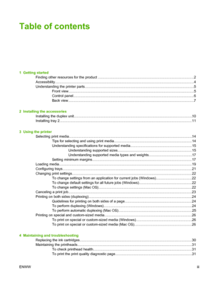 Page 5Table of contents
1  Getting started
Finding other resources for the product .................................................................................................2
Accessibility.............................................................................................................................................4
Understanding the printer parts...............................................................................................................5
Front...