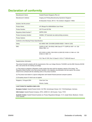 Page 137Declaration of conformity
Manufacturers Name:Hewlett-Packard Singapore (Pte) Ltd
Manufacturers Address:Imaging and Printing Manufacturing Operations Singapore
60 Alexandra Terrace, #07-01, The Comtech, Singapore 118502
declares, that the product
Product Name:
HP Officejet Pro K850/K850dn Color Printer
Product Number:C8177A and C8178A
Regulatory Model Number(1):SNPRC-0504
Product Accessory Number:C8258A / HP Automatic two-sided printing accessory
Product Options:All
Conforms to the following Product...