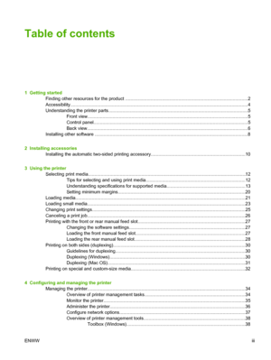 Page 5Table of contents
1  Getting started
Finding other resources for the product .................................................................................................2
Accessibility.............................................................................................................................................4
Understanding the printer parts...............................................................................................................5
Front...