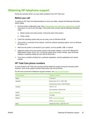 Page 105Obtaining HP telephone support
During the warranty period, you may obtain assistance from HP Total Care.
Before you call
To assist our HP Total Care Representatives to serve you better, prepare the following information
before calling.
1.Print the printer configuration page. See 
Understanding and printing the configuration page for
instructions on how to print this page. If the printer does not print, get the following information
ready.
●Model number and serial number. (Check the back of the printer.)...