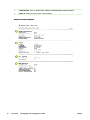 Page 543Printhead Status: Shows the printhead health status and whether the printhead needs to be replaced.
4Event Log: Shows a log of recent events that have occurred.
Network configuration page
46 Chapter 4   Configuring and managing the printer ENWW
 