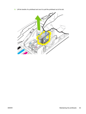 Page 715.Lift the handle of a printhead and use it to pull the printhead out of its slot.
ENWWMaintaining the printheads 63
 