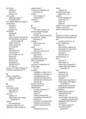 Page 104print driver
settings 21
version 81
warranty 80
print quality
diagnostic page 47
troubleshoot 59
print quality diagnostic page 47
printer driver
settings 21
version 81
warranty 80
printheads
aligning 49
clean 49
clean contacts manually 49
first-installation and end-of-
warranty dates 36
health, check 47
health, status 36
ink usage 36
lights 71
maintaining 46
order online 77
part numbers 36, 78
remove 83
replace 52
status 28, 47
supported 87
troubleshoot 56
warranty 80
privacy, HP Instant Support 34...