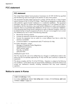 Page 108FCC statement
Notice to users in Korea
Appendix D
104 Regulatory information
 