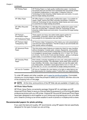 Page 20HP Printing PaperHP Printing Paper is a high-quality multifunction paper. It produces
documents that look and feel more substantial than documents printed
on standard multipurpose or copy paper. It features ColorLok
Technology for less smearing, bolder blacks and vivid colors. It is acid-
free for longer lasting documents.
HP Office PaperHP Office Paper is a high-quality multifunction paper. It is suitable for
copies, drafts, memos and other everyday documents. It features
ColorLok Technology for less...