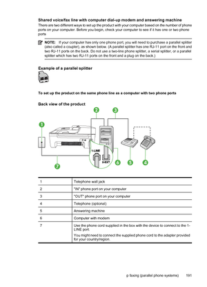 Page 195Shared voice/fax line with computer dial-up modem and answering machine
There are two different ways to set up the product with your computer based on the number of phone
ports on your computer. Before you begin, check your computer to see if it has one or two phone
ports
NOTE:If your computer has only one phone port, you will need to purchase a parallel splitter
(also called a coupler), as shown below. (A parallel splitter has one RJ-11 port on the front and
two RJ-11 ports on the back. Do not use a...