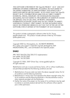 Page 175THIS SOFTWARE IS PROVIDED BY THE OpenSSL PROJECT ``AS IS AND ANY 
EXPRESSED OR IMPLIED WARRANTIES, INCLUDING, BUT NOT LIMITED TO, 
THE IMPLIED WARRANTIES OF MERCHANTABILITY AND FITNESS FOR A 
PARTICULAR PURPOSE ARE DISCLAIMED.  IN NO EVENT SHALL THE OpenSSL 
PROJECT OR ITS CONTRIBUTORS BE LIABLE FOR ANY DIRECT, INDIRECT, 
INCIDENTAL, SPECIAL, EXEMPLARY, OR CONSEQUENTIAL DAMAGES 
(INCLUDING, BUT NOT LIMITED TO, PROCUREMENT OF SUBSTITUTE GOODS 
OR SERVICES; LOSS OF USE, DATA, OR PROFITS; OR BUSINESS...