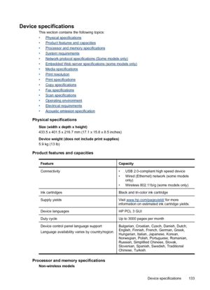 Page 137Device specifications
This section contains the following topics:
•
Physical specifications
•
Product features and capacities
•
Processor and memory specifications
•
System requirements
•
Network protocol specifications (Some models only)
•
Embedded Web server specifications (some models only)
•
Media specifications
•
Print resolution
•
Print specifications
•
Copy specifications
•
Fax specifications
•
Scan specifications
•
Operating environment
•
Electrical requirements
•
Acoustic emission specification...