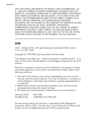 Page 176THIS SOFTWARE IS PROVIDED BY THE PROJECT AND CONTRIBUTORS ``AS 
IS AND ANY EXPRESS OR IMPLIED WARRANTIES, INCLUDING, BUT NOT 
LIMITED TO, THE IMPLIED WARRANTIES OF MERCHANTABILITY AND FITNESS 
FOR A PARTICULAR PURPOSE ARE DISCLAIMED.  IN NO EVENT SHALL THE 
PROJECT OR CONTRIBUTORS BE LIABLE FOR ANY DIRECT, INDIRECT, INCI-
DENTAL, SPECIAL, EXEMPLARY, OR CONSEQUENTIAL DAMAGES 
(INCLUDING, BUT NOT LIMITED TO, PROCUREMENT OF SUBSTITUTE GOODS 
OR SERVICES; LOSS OF USE, DATA, OR PROFITS; OR BUSINESS...