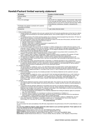 Page 143Hewlett-Packard limited warranty statement
Hewlett-Packard limited warranty statement 139
 