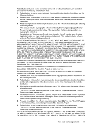 Page 159Redistribution and use in source and binary forms, with or without modification, are permitted
provided that the following conditions are met:
1.Redistributions of source code must retain the copyright notice, this list of conditions and the
following disclaimer.
2.Redistributions in binary form must reproduce the above copyright notice, this list of conditions
and the following disclaimer in the documentation and/or other materials provided with the
distribution.
3.All advertising materials mentioning...