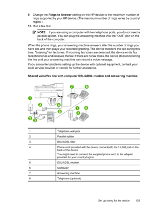 Page 129
9.Change the  Rings to Answer  setting on the HP device to the maximum number of
rings supported by your HP device. (The maximum number of rings varies by country/
region.)
10. Run a fax test.
NOTE: If you are using a computer with two telephone ports, you do not need a
parallel splitter. You can plug the answering machine into the “OUT” port on the
back of the computer.
When the phone rings, your answering machine answers after the number of rings you
have set, and then plays your recorded greeting....