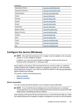 Page 133
Switzerland (French)www.hp.com/ch/fr/faxconfig
Switzerland (German)www.hp.com/ch/de/faxconfig
United Kingdomwww.hp.com/uk/faxconfig
Finlandwww.hp.fi/faxconfig
Denmarkwww.hp.dk/faxconfig
Swedenwww.hp.se/faxconfig
Norwaywww.hp.no/faxconfig
Netherlandswww.hp.nl/faxconfig
Belgium (Dutch)www.hp.be/nl/faxconfig
Belguim (French)www.hp.be/fr/faxconfig
Portugalwww.hp.pt/faxconfig
Spainwww.hp.es/faxconfig
Francewww.hp.com/fr/faxconfig
Irelandwww.hp.com/ie/faxconfig
Italywww.hp.com/it/faxconfig
Configure the...