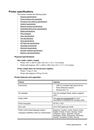 Page 171Printer specifications
This section contains the following topics:
•
Physical specifications
•
Printer features and capacities
•
Processor and memory specifications
•
System requirements
•
Network protocol specifications
•
Embedded Web server specifications
•
Media specifications
•
Print resolution
•
Copy specifications
•
Fax specifications
•
Scan specifications
•
HP Web site specifications
•
Operating environment
•
Electrical requirements
•
Acoustic emission specification
•
Memory card specifications...