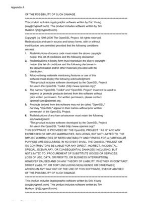 Page 198OF THE POSSIBILITY OF SUCH DAMAGE.
====================================================================
This product includes cryptographic software written by Eric Young
(eay@cryptsoft.com). This product includes software written by Tim
Hudson (tjh@cryptsoft.com).
====================================================================
Copyright (c) 1998-2006 The OpenSSL Project. All rights reserved.
Redistribution and use in source and binary forms, with or without
modification, are permitted provided that...
