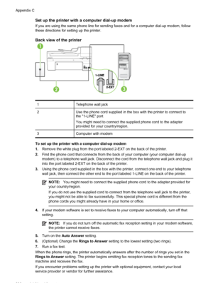 Page 212Set up the printer with a computer dial-up modem
If you are using the same phone line for sending faxes and for a computer dial-up modem, follow
these directions for setting up the printer.
Back view of the printer
1 Telephone wall jack
2 Use the phone cord supplied in the box with the printer to connect to
the 1-LINE port
You might need to connect the supplied phone cord to the adapter
provided for your country/region.
3 Computer with modem
To set up the printer with a computer dial-up modem
1.Remove...