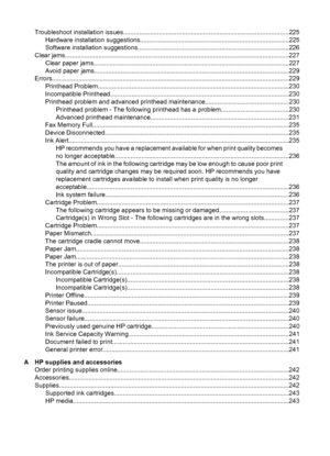 Page 12
Troubleshoot installation issues.............................................................................................22 5
Hardware installation  suggestions....................................................................................225
Software installation sug gestions.....................................................................................226
Clear jams........................................................................................................................