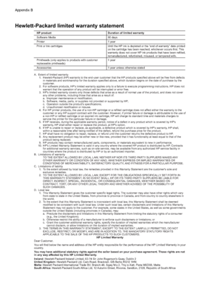 Page 120Hewlett-Packard limited warranty statement
A.  Extent of limited warranty
    1.  Hewlett-Packard (HP) warrants to the end-user customer that the HP products specified above will be free from defects 
in materials and workmanship for the duration specified above, which duration begins on the date of purchase by the 
customer.
    2.  For software products, HP’s limited warranty applies only to a failure to execute programming instructions. HP does not 
warrant that the operation of any product will be...