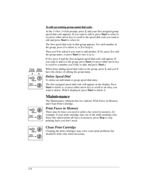 Page 32.........................................................................................................................................
2-8To edit an existing group speed dial code:At the 1=New 2=Edit prompt, press 2, and your first assigned group 
speed dial code appears. If you want to edit it, press Start to select it 
(or press either arrow key to scroll to the speed dial code you want to 
edit and press Start to select it). 
The first speed dial code in that group appears. For each number in 
the...