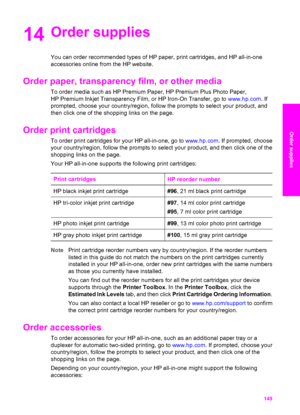 Page 152
14Order supplies
You can order recommended types of HP paper, print cartridges, and HP all-in-one
accessories online from the HP website.
Order paper, transparency film, or other media   
To order media such as HP Premium  Paper, HP Premium Plus Photo Paper,
HP Premium Inkjet Transparency Film, or HP Iron-On Transfer, go to  www.hp.com. If
prompted, choose your country/region, follow the prompts to select your product, and
then click one of the shopping links on the page.
Order print cartridges   
To...