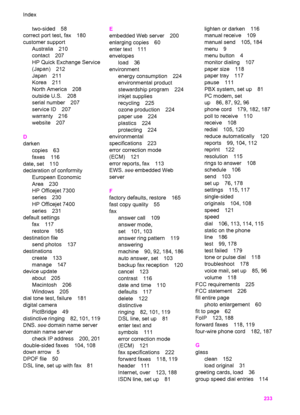 Page 236
two-sided 58
correct port test, fax 180
customer support
Australia 210
contact 207
HP Quick Exchange Service
(Japan) 212
Japan 211
Korea 211
North America 208
outside U.S. 208
serial number 207
service ID 207
warranty 216
website 207
D
darken copies 63
faxes 116
date, set 110
declaration of conformity European Economic
Area 230
HP Officejet 7300
series 230
HP Officejet 7400
series 231
default settings fax 117
restore 165
destination file send photos 137
destinations create 133
manage 147
device update...