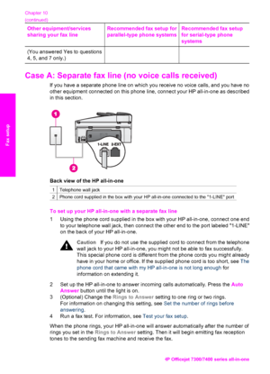 Page 83
Other equipment/services
sharing your fax lineRecommended fax setup for
parallel-type phone systemsRecommended fax setup
for serial-type phone
systems
(You answered Yes to questions
4, 5, and 7 only.)
Case A: Separate fax line (no voice calls received) 
If you have a separate phone line on which you receive no voice calls, and you have no
other equipment connected on this phone  line, connect your HP all-in-one as described
in this section.
Back view of the HP all-in-one
1Telephone wall jack
2Phone cord...