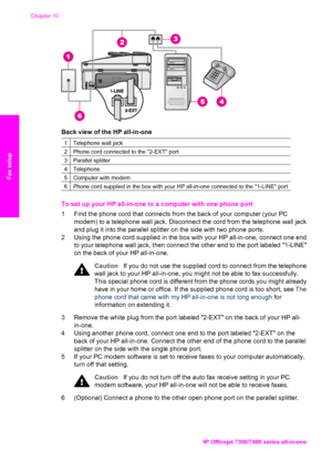 Page 91
Back view of the HP all-in-one
1Telephone wall jack
2Phone cord connected to the 2-EXT port
3Parallel splitter
4Telephone
5Computer with modem
6Phone cord supplied in the box with your HP all-in-one connected to the 1-LINE port
To set up your HP all-in-one to a computer with one phone port
1 Find the phone cord that connects from  the back of your computer (your PC
modem) to a telephone wall jack. Disconnect the cord from the telephone wall jack
and plug it into the parallel splitter on the side with...
