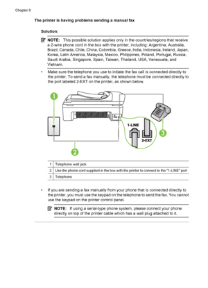 Page 148The printer is having problems sending a manual fax
Solution:
NOTE:This possible solution applies only in the countries/regions that receive
a 2-wire phone cord in the box with the printer, including: Argentina, Australia,
Brazil, Canada, Chile, China, Colombia, Greece, India, Indonesia, Ireland, Japan,
Korea, Latin America, Malaysia, Mexico, Philippines, Poland, Portugal, Russia,
Saudi Arabia, Singapore, Spain, Taiwan, Thailand, USA, Venezuela, and
Vietnam.
• Make sure the telephone you use to initiate...