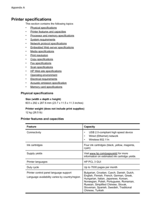 Page 174Printer specifications
This section contains the following topics:
•
Physical specifications
•
Printer features and capacities
•
Processor and memory specifications
•
System requirements
•
Network protocol specifications
•
Embedded Web server specifications
•
Media specifications
•
Print resolution
•
Copy specifications
•
Fax specifications
•
Scan specifications
•
HP Web site specifications
•
Operating environment
•
Electrical requirements
•
Acoustic emission specification
•
Memory card specifications...