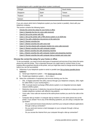 Page 205PortugalRussiaSaudi Arabia
SingaporeSpainTaiwan
ThailandUSAVenezuela
Vietnam  
If you are unsure which kind of telephone system you have (serial or parallel), check with your
telephone company.
This section contains the following topics:
•
Choose the correct fax setup for your home or office
•
Case A: Separate fax line (no voice calls received)
•
Case B: Set up the printer with DSL
•
Case C: Set up the printer with a PBX phone system or an ISDN line
•
Case D: Fax with a distinctive ring service on the...