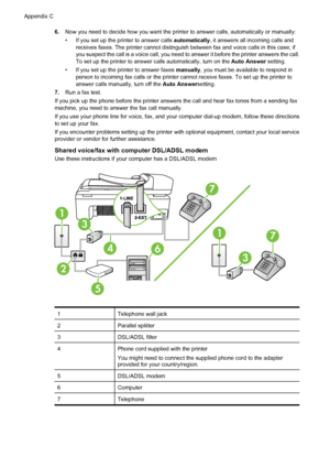 Page 2186.Now you need to decide how you want the printer to answer calls, automatically or manually:
• If you set up the printer to answer calls automatically, it answers all incoming calls and
receives faxes. The printer cannot distinguish between fax and voice calls in this case; if
you suspect the call is a voice call, you need to answer it before the printer answers the call.
To set up the printer to answer calls automatically, turn on the Auto Answer setting.
• If you set up the printer to answer faxes...