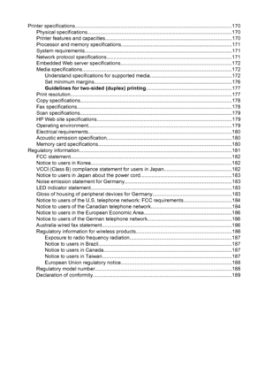 Page 10Printer specifications..............................................................................................................170
Physical specifications......................................................................................................170
Printer features and capacities.........................................................................................170
Processor and memory specifications..............................................................................171...