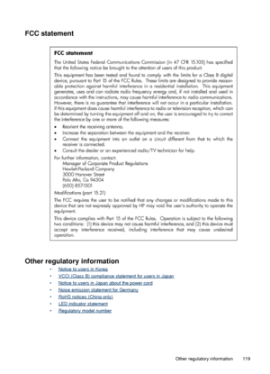 Page 123FCC statement
Other regulatory information
•Notice to users in Korea
•
VCCI (Class B) compliance statement for users in Japan
•
Notice to users in Japan about the power cord
•
Noise emission statement for Germany
•
RoHS notices (China only)
•
LED indicator statement
•
Regulatory model number
Other regulatory information 119
 