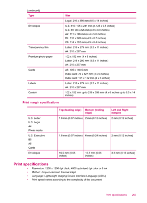 Page 269TypeSize
Legal: 216 x 356 mm (8.5 x 14 inches)
EnvelopesU.S. #10: 105 x 241 mm (4.125 x 9.5 inches)
U.S. #9: 98 x 225 mm (3.9 x 8.9 inches)
A2: 111 x 146 mm (4.4 x 5.8 inches)
DL: 110 x 220 mm (4.3 x 8.7 inches)
C6: 114 x 162 mm (4.5 x 6.4 inches)
Transparency filmLetter: 216 x 279 mm (8.5 x 11 inches)
A4: 210 x 297 mm
Premium photo paper102 x 152 mm (4 x 6 inches)
Letter: 216 x 280 mm (8.5 x 11 inches)
A4: 210 x 297 mm
CardsA6: 105 x 148.5 mm
Index card: 76 x 127 mm (3 x 5 inches)
Index card: 101 x 152...