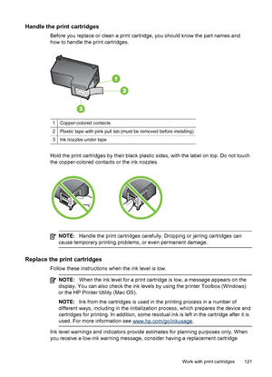 Page 125Handle the print cartridges
Before you replace or clean a print cartridge, you should know the part names and
how to handle the print cartridges.
1Copper-colored contacts
2Plastic tape with pink pull tab (must be removed before installing)
3Ink nozzles under tape
Hold the print cartridges by their black plastic sides, with the label on top. Do not touch
the copper-colored contacts or the ink nozzles.
NOTE:Handle the print cartridges carefully. Dropping or jarring cartridges can
cause temporary printing...