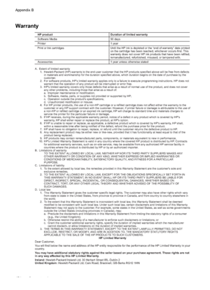 Page 178Warranty
A.  Extent of limited warranty
    1.  Hewlett-Packard (HP) warrants to the end-user customer that the HP products specified above will be free from defects 
in materials and workmanship for the duration specified above, which duration begins on the date of purchase by the 
customer.
    2.  For software products, HP’s limited warranty applies only to a failure to execute programming instructions. HP does not 
warrant that the operation of any product will be interrupted or error free.
    3....