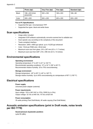 Page 192 Photo (dpi)Very Fine (dpi)Fine (dpi)Standard (dpi)
Black196 x 203 (8-bit
grayscale)300 x 300196 x 203196 x 98
Color200 x 200200 x 200200 x 200200 x 200
Fax to PC Specifications
• Supported file type: Uncompressed TIFF
• Supported fax types: black-and-white faxes
Scan specifications
• Image editor included
• Integrated OCR software automatically converts scanned text to editable text
• Scan speeds vary according to the complexity of the document
• Twain-compliant interface
• Resolution: 2400 x 4800 ppi...