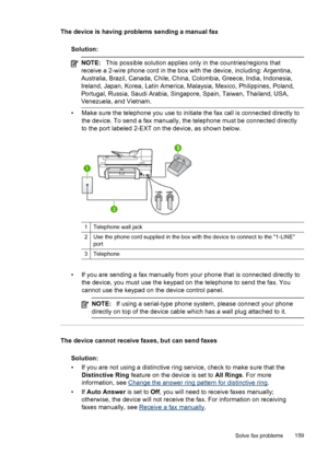 Page 163The device is having problems sending a manual fax
Solution:
NOTE:This possible solution applies only in the countries/regions that
receive a 2-wire phone cord in the box with the device, including: Argentina,
Australia, Brazil, Canada, Chile, China, Colombia, Greece, India, Indonesia,
Ireland, Japan, Korea, Latin America, Malaysia, Mexico, Philippines, Poland,
Portugal, Russia, Saudi Arabia, Singapore, Spain, Taiwan, Thailand, USA,
Venezuela, and Vietnam.
• Make sure the telephone you use to initiate...