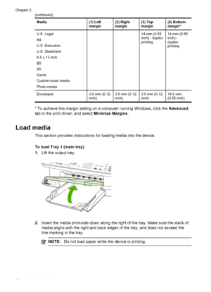 Page 30Media(1) Left
margin(2) Right
margin(3) Top
margin(4) Bottom
margin*
U.S. Legal
A4
U.S. Executive
U.S. Statement
8.5 x 13 inch
B5
A5
Cards
Custom-sized media
Photo media14 mm (0.55
inch) - duplex
printing14 mm (0.55
inch) -
duplex
printing
Envelopes3.0 mm (0.12
inch)3.0 mm (0.12
inch)3.0 mm (0.12
inch)14.0 mm
(0.55 inch)
* To achieve this margin setting on a computer running Windows, click the Advanced
tab in the print driver, and select Minimize Margins.
Load media
This section provides instructions for...